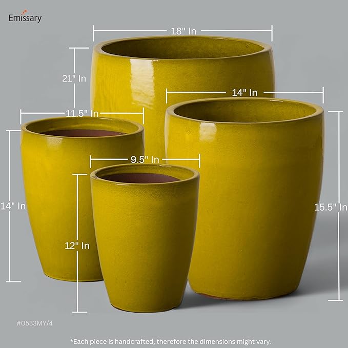 Emissary Bullet 14 in. Mustard Yellow Ceramic Round Planter (14 in. L x 14 in. W x 15.5 in. H) with Drainage Hole