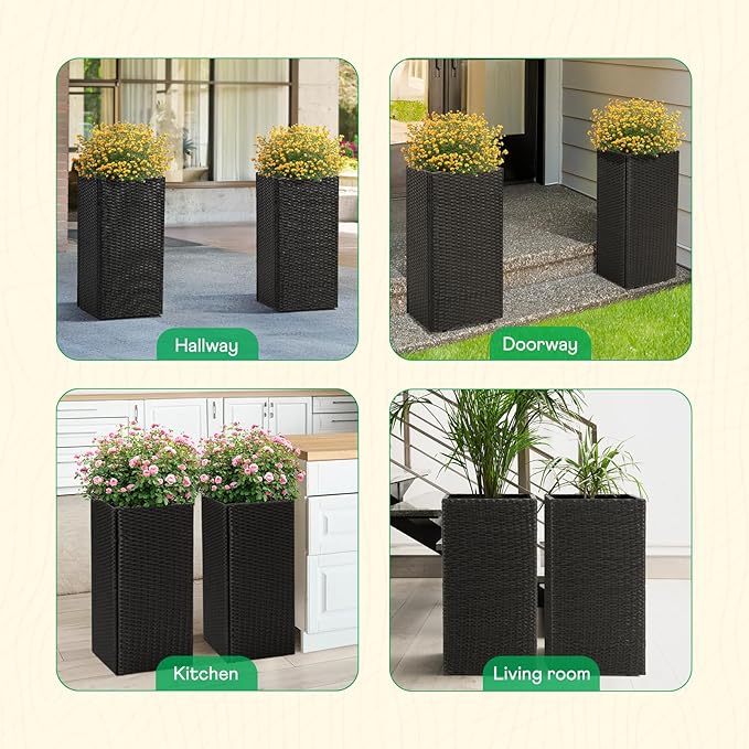 IDZO All-Weather Wicker Planters, Set of 2, 24 in Tall Wicker Planters, Self-Watering with Drainage, Durable PP Material, Raised Garden Bed Alternative, Indoor Outdoor Use, Modern Rattan Design