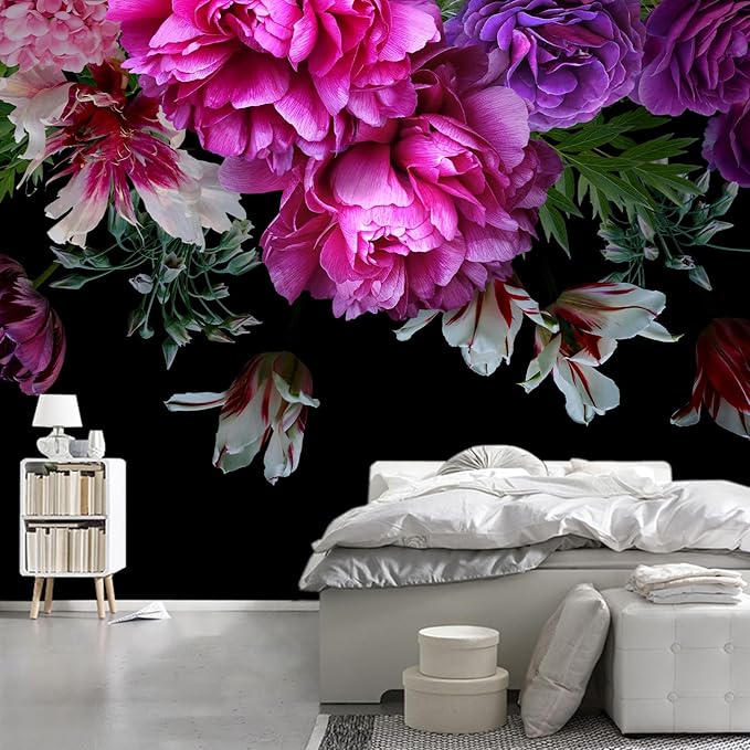 WFBHUA-Purple Peony Floral Wallpaper Tropical Botanical Leaf Rose Flower Wall Mural for Bedroom(Not Peel and Stick)