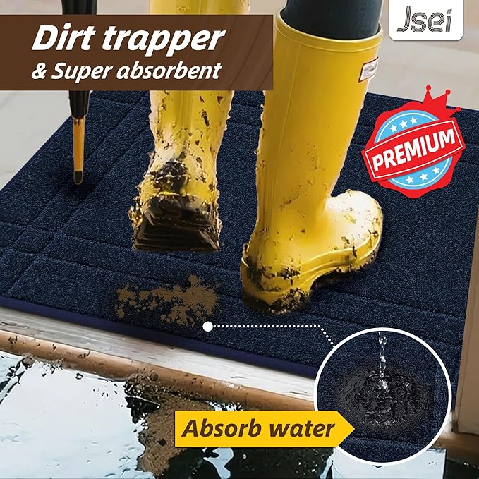 JSEI Entryway Rugs Doormat 24"x36", Non-Slip Dirt Trapper Door Mats Indoor, Washable Absorbent and Stain Resist Welcome Floor Mat for Front Door, Dog Door Mat, Muddy Wet Shoes & Paws, Navy Blue
