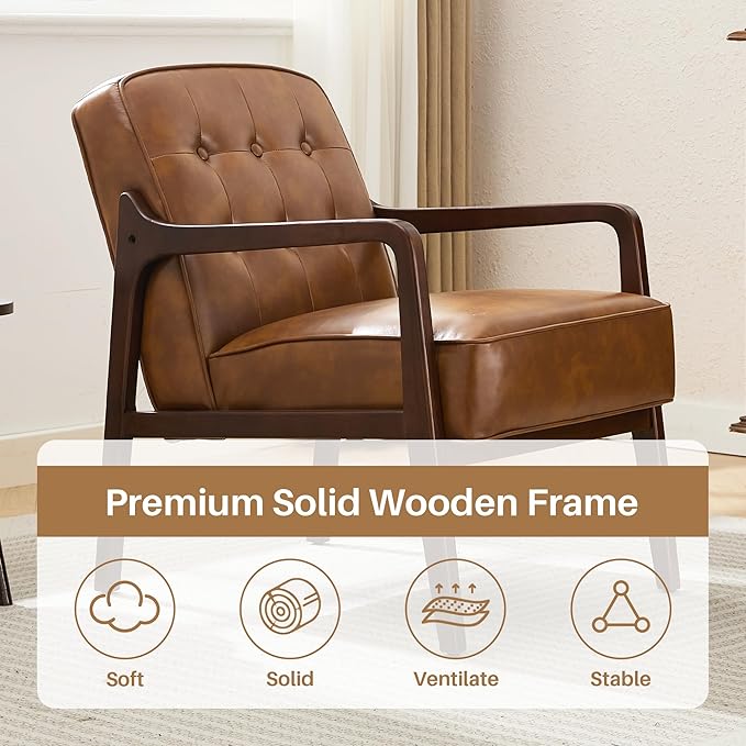 Faux Leather Accent Chair, Mid Century Modern Chair for Living Room, Upholstered Comfy Lounge Armchair with Solid Wood Frame, Reading Side Chair for Bedroom,105°Ergonomic Comfort, Brown
