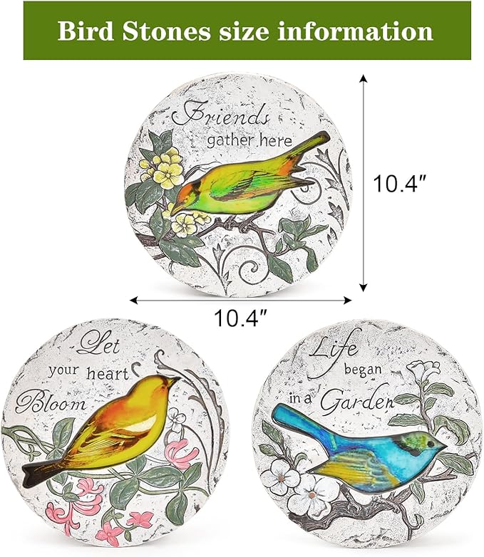 Sungmor 3PC Pretty Garden Stepping Stones, 9.5" Large Concrete Decorative Stones with Beautiful Pattern, Unique Outdoor Lawn Accents, Yard Walkway Flower Bed Wall Shelf Welcome Friends Decorations