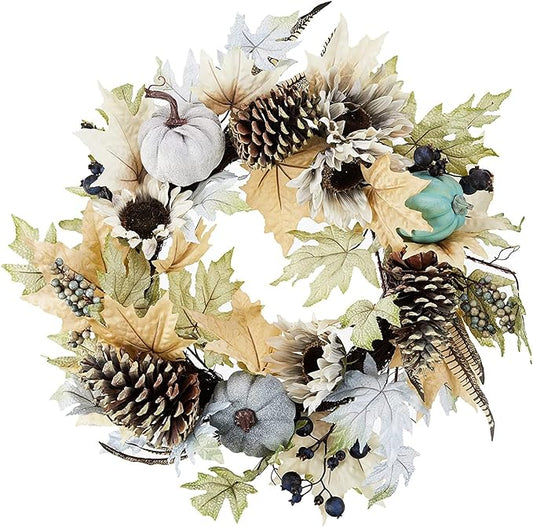 Admired By Nature 24 Inch Artificial Pumpkin Sunflower Fall Wreath Wall Door Farmhouse Decor For Home Office Thanksgiving Harvest Wreaths For Front Door Cemetery Wreaths Indoor Outdoor, Rustic White