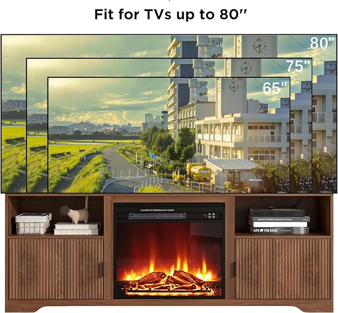 Fireplace TV Stand for Television up to 80 Inch,Entertainment Center with Adjustable Shelf,Mid-Century Modern Fluted TV Stand with 23" Electric Fireplace,Media Console for Living Room,Bedroom