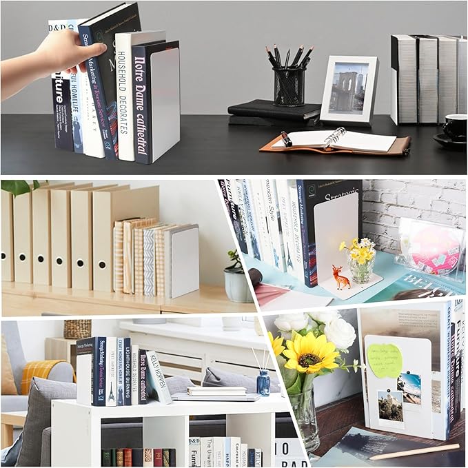 VONDERSO Metal Bookends White, 2 Pairs Metal Bookends Heavy Duty for Shelves Decor Home Office, Unique White Book Ends Supports Anti-Slip for Kids Girls