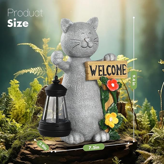Json Garden Statue Solar Cat Figurine with Lantern, Solar Garden Decorations Statues for Patio, Balcony, Yard Ornament, Unique House Warming Gifts Figurine Lights, Gifts for Women, Mom