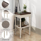 Rustic Farmhouse Cottagecore Accent End Table, Distressed Accent Side Table with Espresso Tray Top and Woven Wicker Shelf, Boho, French Country Decor, Square, Weathered Brown & White