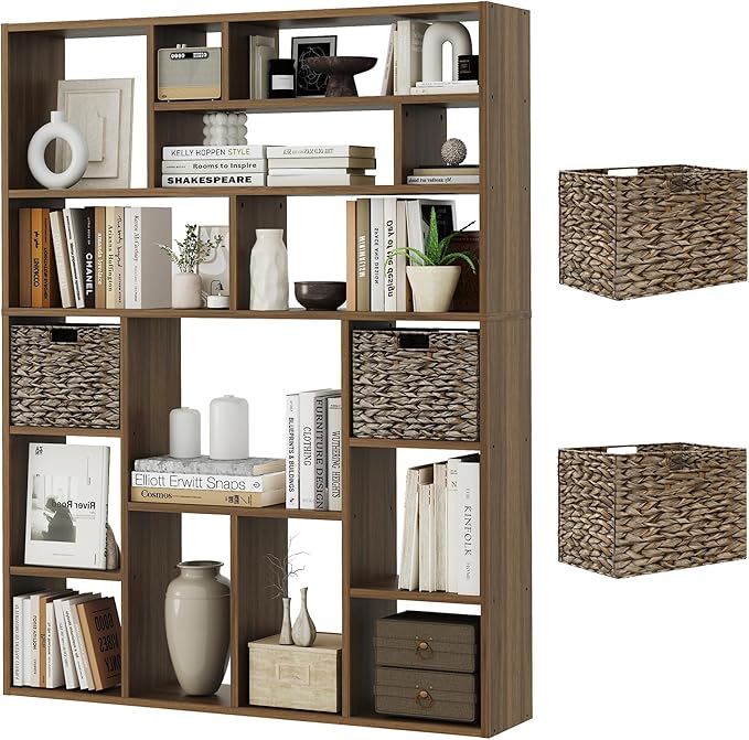 71” Tall Wooden Bookcase 6-Tier Large Bookshelves with 2 Woven Baskets, 55" Wide Floor Standing Wood Display Organizer Shelves for Living Room（Brown）