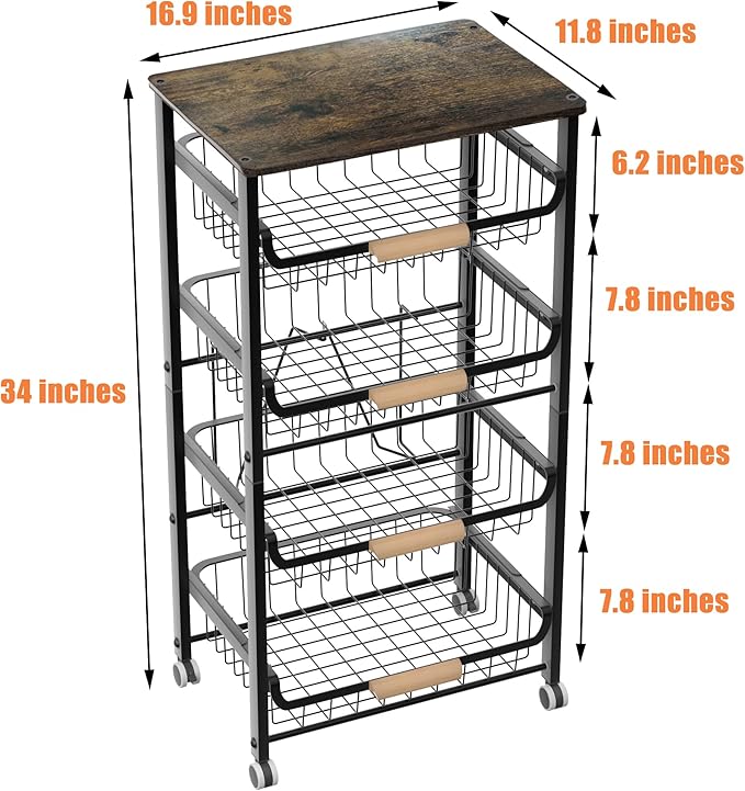 5-Layer Fruit Basket Kitchen Food Organizer and Rack, Stackable Storage Cart with Desktop, Pull-Out Hollow Metal Basket, Wheeled Sorting Rack Spice Rack, Black