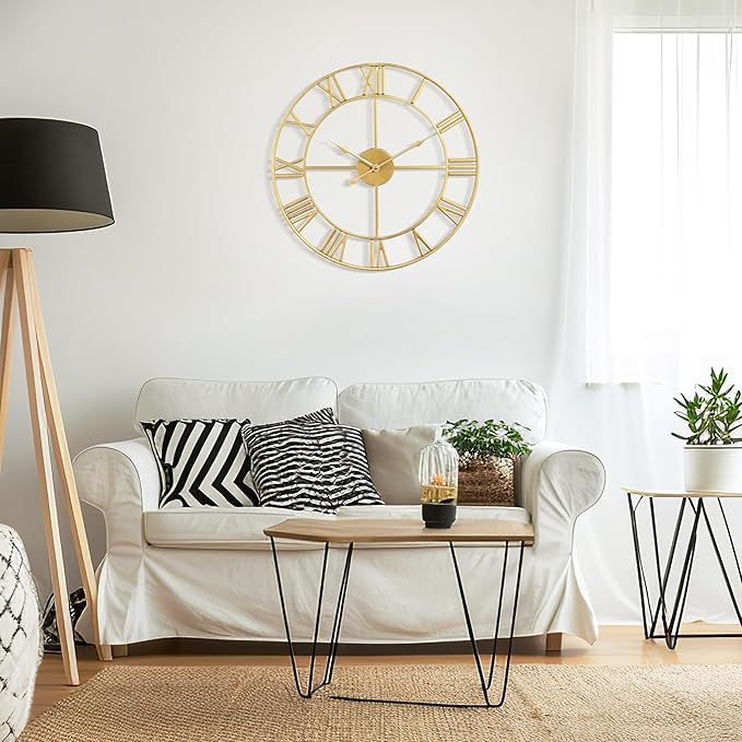 Large Wall Clock for Living Room Decor - 60cm/ 24 Inches Silent Non-Ticking Metal Wall Clocks Battery Operated, Vintage Decorative Modern Wall Clock for Bedroom, Office, Farmhouse Decor