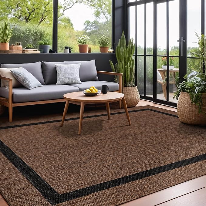 Bordered Outdoor Rug 8x10 Washable Outside Carpet for Indoor Patio Porch Waterproof Easy Cleaning Non Shedding Area Rugs Nut Brown - Black 8 x 10