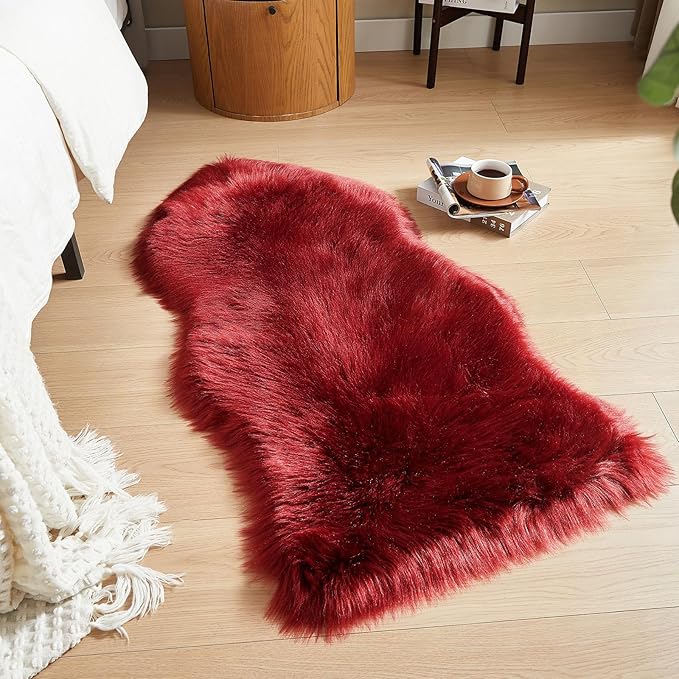 AMTOVO Faux Fur Rug, Burgundy Area Rug, Fluffy Sheepskin Rug, Fuzzy Ultra Soft 2 x 4 ft Shag Rugs for Bedroom Sofa Throw Cushion Room Decor, Sheepskin