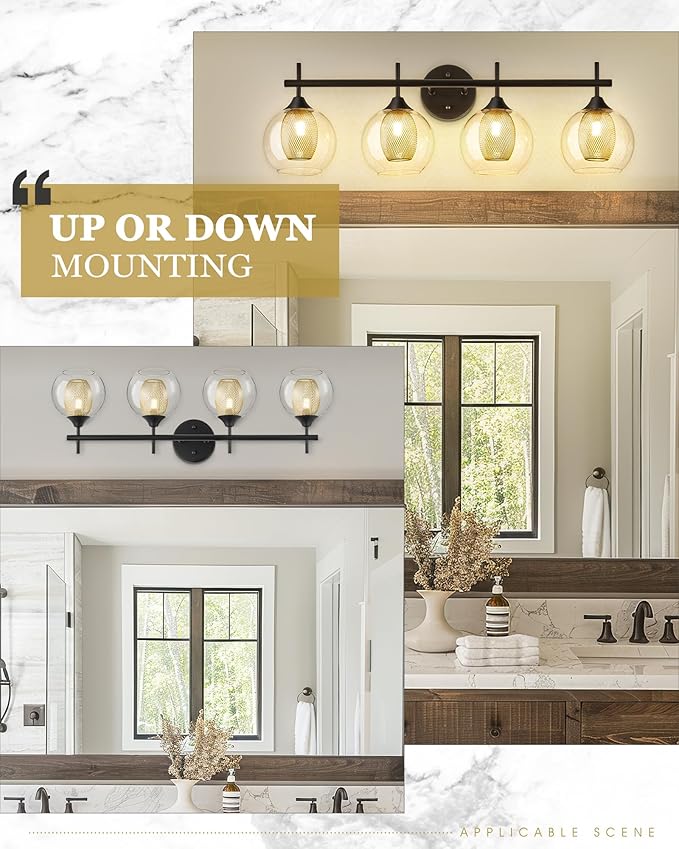 Bathroom Light Fixtures, 4-Light Black and Gold Vanity Lights Over Mirror, 30inch Farmhouse Wall Sconce Lighting with Clear Glass and Honeycomb Metal Shade, AD-22001-4W-BK