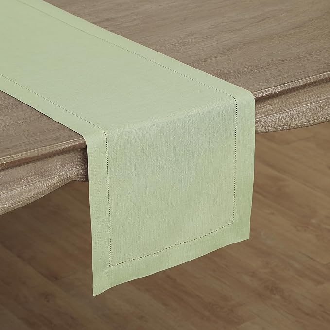 Solino Home Linen Table Runner 60 Inches - 100% Pure Linen Sage Green Hemstitch Table Runner 14 x 60 Inch Ideal for Dresser and Coffee Tables - Fall, Autumn, Thanksgiving - Classic Hemstitch