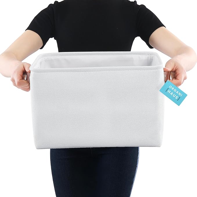 OrganiHaus Large Fabric Storage Baskets for Shelves 3 Pack | 15x11 inches Closet Bins Cloth Cubes Linen Organizers Basket - White Basket