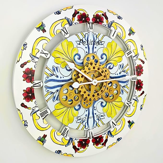 The Gears Clock Wall Clock Italy Collection with Moving Gears (Positano, 24 inch Round)