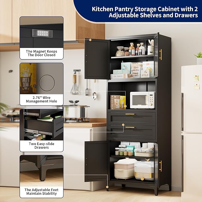 75” Tall Kitchen Pantry Storage Cabinet, Metal Storage Cabinet with 2 Drawers and Adjustable Shelves, Kitchen Pantry Cupboard, Freestanding Cupboard for Bathroom, Living Room(Black)