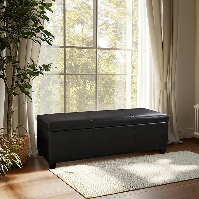 BELLEZE 47 Inch Storage Ottoman, Faux Leather Storage Bench Bedroom Bench with Safety Close Hinge, Ottoman with Storage for Living Room, Entryway, Hallway, Foot Rest, Support 300lbs - Black