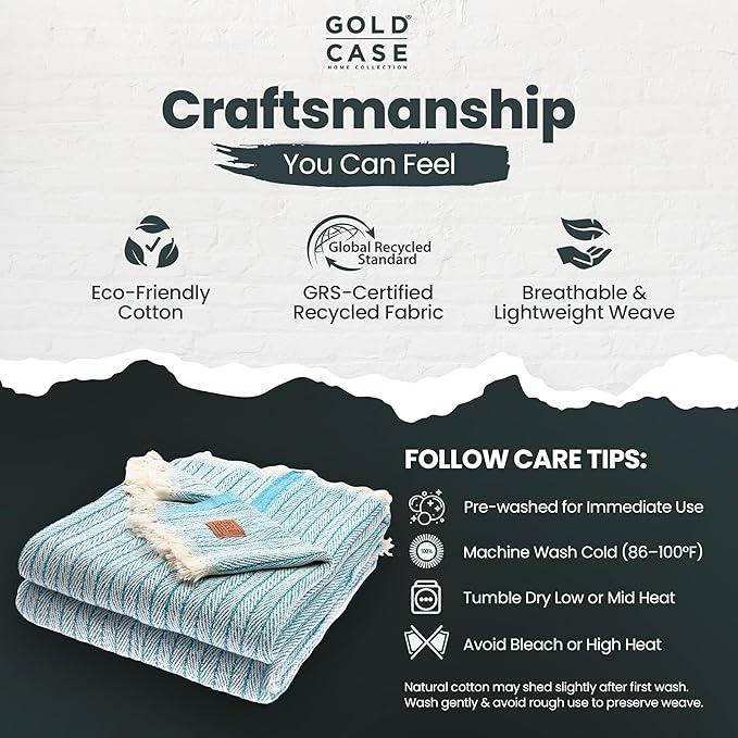 Gold Case Throw Blanket for Couch – 100% Recycled Turkish Cotton Blankets – Elegant Decorative Throw Blankets for Living Room Sofa – Woven Throws for Couch – Vintage Turquoise– 50x60 (Set of 2)