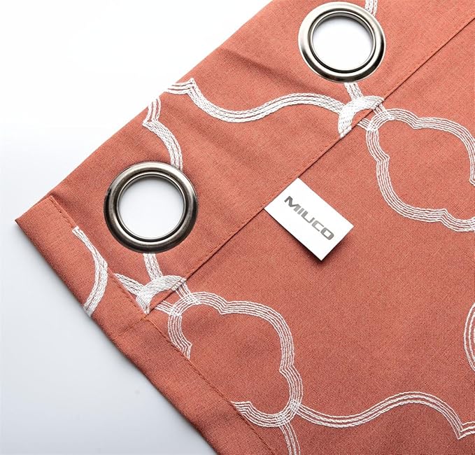 MIUCO Moroccan Embroidery Semi Sheer Curtains Faux Linen Grommet Curtain Panels for Kids Room 52 x 84 Inch 2 Panels, Rust