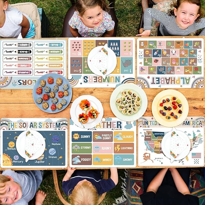 Educational Preschool Kids Placemats Set of 6 Boho Plastic Table Mats Toddler Children Montessori Place Mats for Kids Washable Holiday Desk Decoration for Indoor Outdoor Party Kitchen Dining Table