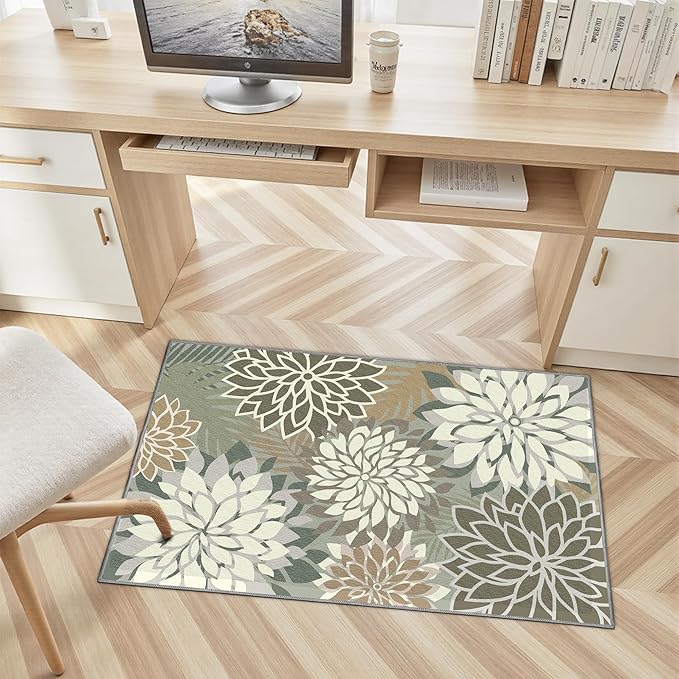 Area Rug 2x3 Brown White Washable Entry Small Rug Multicolored Tropical Botanical Modern Floral Indoor Kitchen Door Mat Entrance Carpet Non Slip for Bedroom Living Room, Porch
