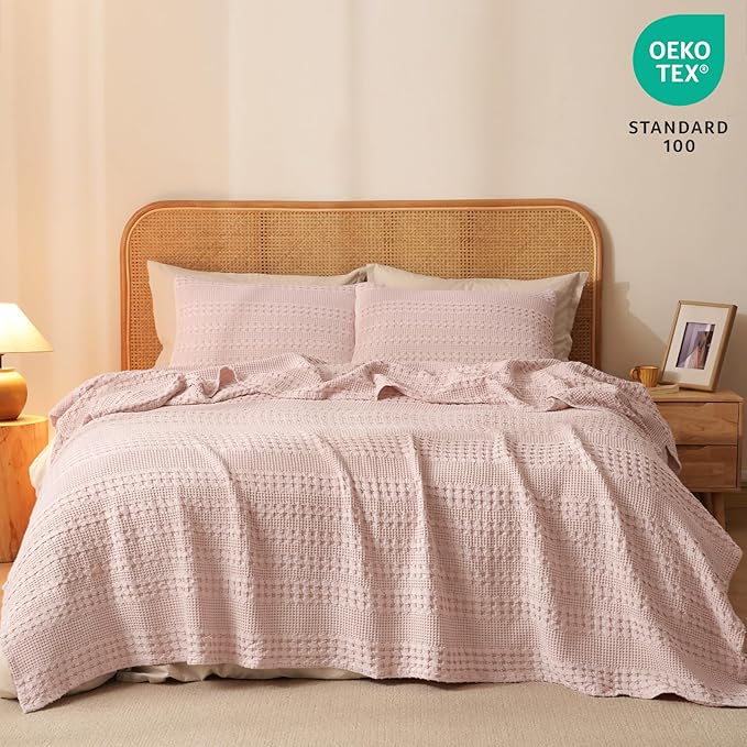 PHF 100% Cotton Waffle Weave Blanket King Size, Soft Lightweight Breathable Cozy Summer Blankets for Bed, Luxury Aesthetic Woven Bedding for Home Decor, 108"x90", Pink/Mauve