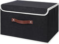 ANMINY Storage Bin with Lid Storage Boxes with PU Leather Handles PP Plastic Board Decorative Foldable Lidded Cotton Linen Fabric Home Cubes Baskets Closet Organizer Container - Black, Large Size