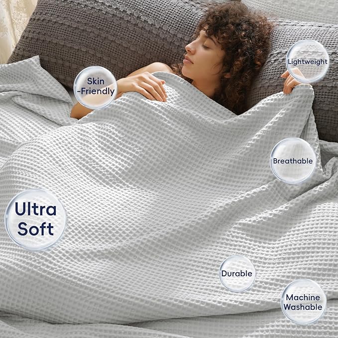 PHF Ultra Soft Waffle Weave Blanket Twin Size 66"x 90"- Washed Lightweight Breathable Cozy Woven Blanket for Bed - Aesthetic Decor for Couch Bedding Sofa Home Car - Light Grey