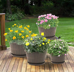 Quarut 16 Inch Brown Classic Plastic Whiskey Barrel Planters Set of 4 with Drainage Holes & Trays for Indoor & Outdoor Use