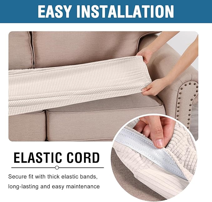 H.VERSAILTEX Super Stretch Individual Seat Cushion Covers Sofa Covers Couch Cushion Covers Slipcover Sets Thick Jacquard Textured Twill Fabric (1 Piece Loveseat Cushion Cover, Ivory)