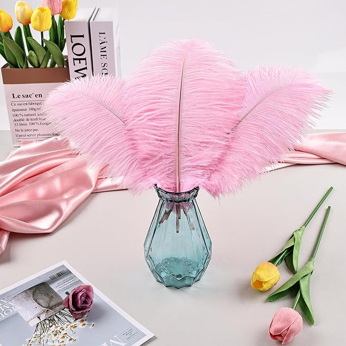 THARAHT Pink Ostrich Feathers 24pcs Natural Bulk 10-12Inch 25cm-30cm for Crafts Wedding Party Centerpieces Easter Gatsbi and Home Decoration Feathers