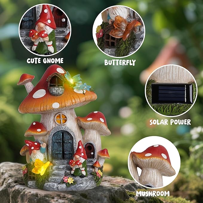 Hodao Spring Garden Mushroom Gnomes Decorations Mushroom House Ornaments Decor for Porch, Garden Yard Spring Lighting House for Outdoor Decor Birthday Gifts for Mom, Grandma,Women