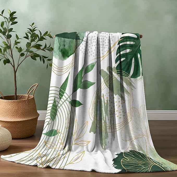 Sage Green Leaf Throw Blanket Mid-Century Green and Gold Boho Flannel Blankets for Couch Bed Living Room Sofa, Decorative Patterned Super Soft Cozy, 50x60 in