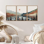 Tinonedraw Boho Mountain Framed Canvas Wall Art Set, Watercolor Nature Landscape Wall Decor, Black Pine Forest Artwork, Modern Sunrise Art Prints for Living Room, Bedroom, Office 16"x24"x3