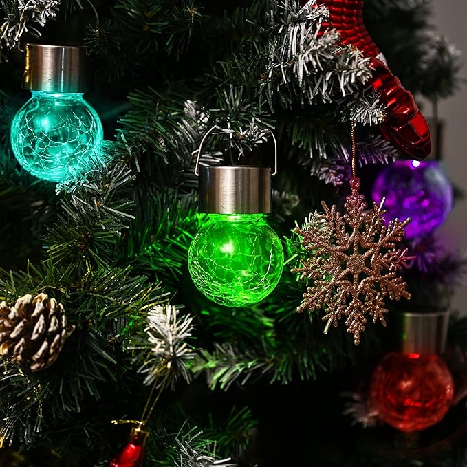 GIGALUMI 16 Pack Solar Hanging Lights for Christmas Decoration - Cracked Glass Solar Lights Outdoor Waterproof for Garden, Yard, Fence, Tree (Color Changing)