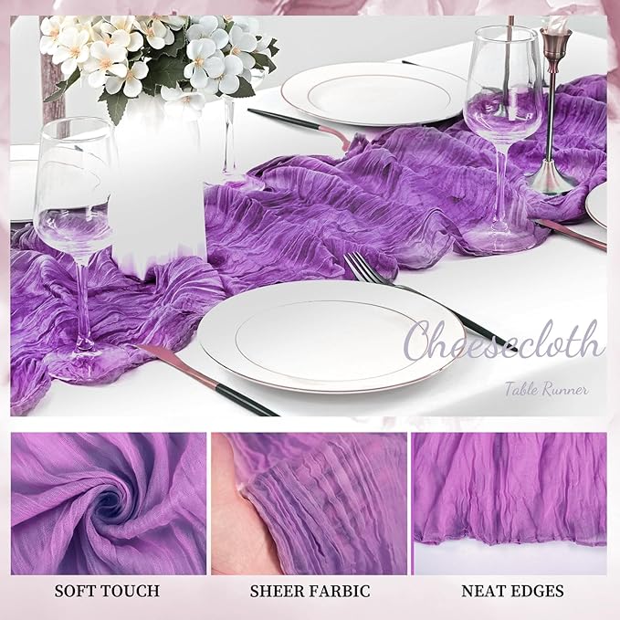 20 Pack Purple Cheesecloth Table Runner 10FT Boho Fabric Rustic Cheese Cloth Table Runner for Wedding Bridal Shower Baby Shower Gauze Sheer Birthday Party Table Decorations 20 x 120 Inch Long