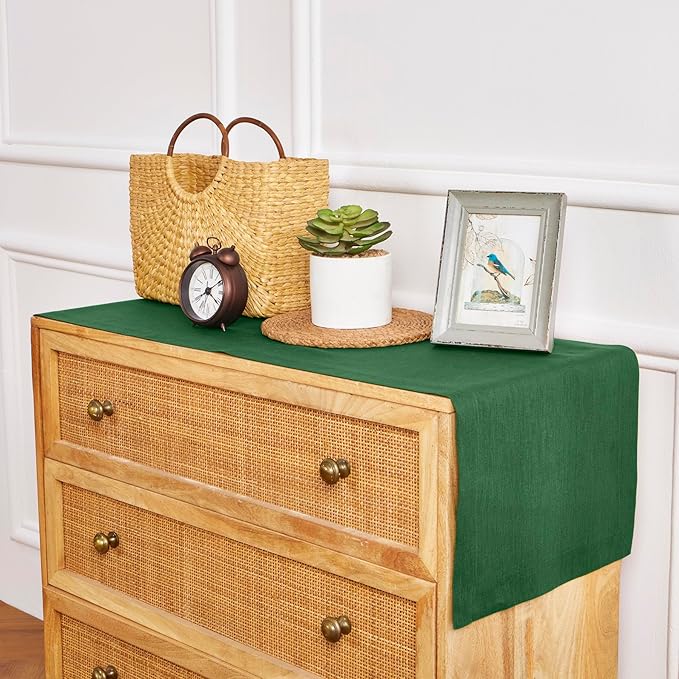 Solino Home Linen Table Runner 48 Inches - 100% Pure Linen Pine Green Table Runner 14 x 48 Inch Ideal for Dresser and Coffee Tables - Fall, Autumn, Thanksgiving - Fete