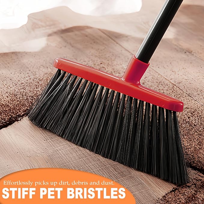 Small Broom Stiff Bristles Brush with Long Handle Indoor or Outdoor Compact Broom for Sweeping Patio Garage Garden,Deck,Concrete Floor,Bathroom (Red)