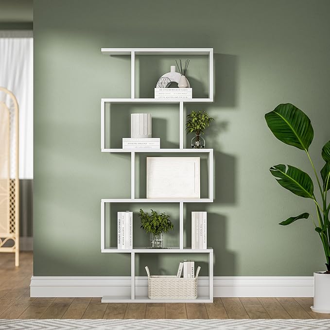 White 5-Tier Geometric Bookcase, S-Shaped Modern Bookshelf Set of 2, 62.6" Tall Room Divider Book Shelf, Decorative Display Shelf