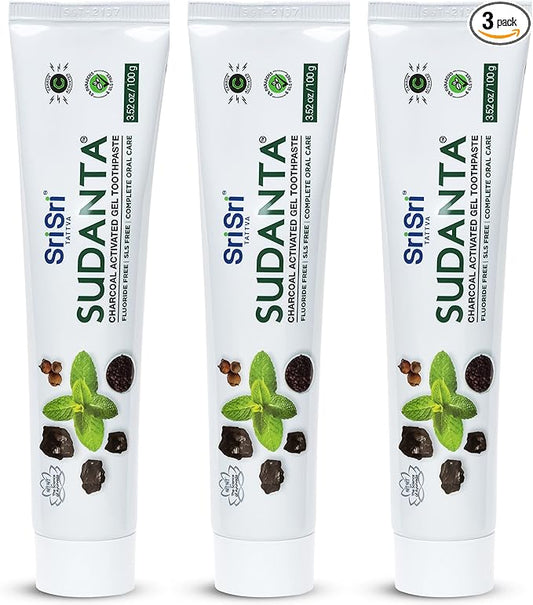 Sri Sri Tattva Sudanta Charcoal Toothpaste Gel – SLS, Fluoride Free Herbal Toothpaste with Neem & Ayurvedic Herbs – Natural Teeth Whitening, Fresh Breath, Oral & Gum Health – 100g Tube (Pack of 3)