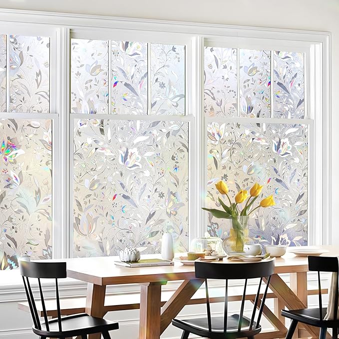 HIDBEA Window Privacy Film, 3D Stained Glass Static Cling - Sun Blocking Anti-UV Heat Control, Reusable Decorative Film for Home/Office Doors, Rainbow Tulip Design (35.4 in x 78.7 in)