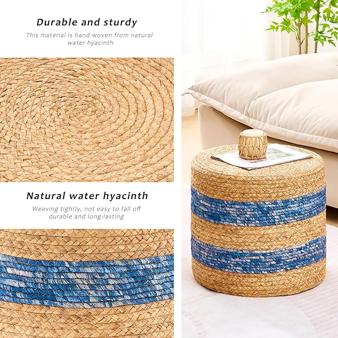 Handwoven Ottoman Pouf, Natural Water Hyacinth Footstool, Round Braided Outdoor Seat with Sturdy Frame, Boho Accent Stool for Patio, Balcony, or Garden (Blue)