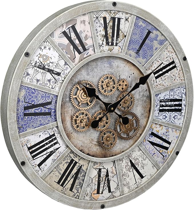 Unique Moving Gear Large Wall Clock 21inch-Battery Powered. Retro Industrial Steampunk Country Farmhouse Decor for The Living Room Kitchen Bars cafes Offices(whith/metal/21)