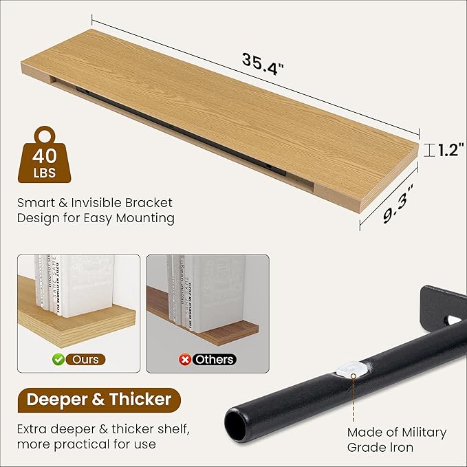 36 Inch Floating Shelves, 9.3 Inch Deep Rustic Wall Shelves - Extra Deeper Wall Mounted Storage Shelves for Bathroom, Kitchen, Living Room (Oak, Set of 2)