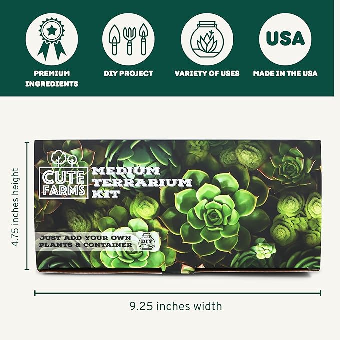 Cute Farms Terrarium Starter Kit | Moss, Vermiculite, Soil, Pebbles, Plant Food, Finishing Tools, Build and Care Guide | DIY Succulent Terrarium for Adults and Kids (Medium)