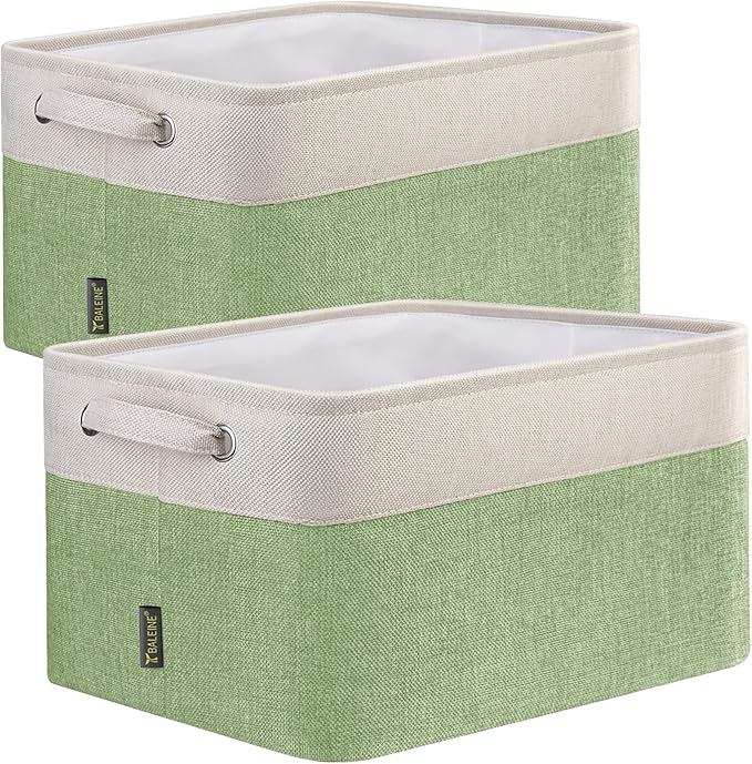 BALEINE 2 Pack Fabric Storage Bins for Shelves, Linen Storage Baskets for Organizing, Decorative Closet Bins for Clothes, Home (Green, 15''x11''x9.5'')