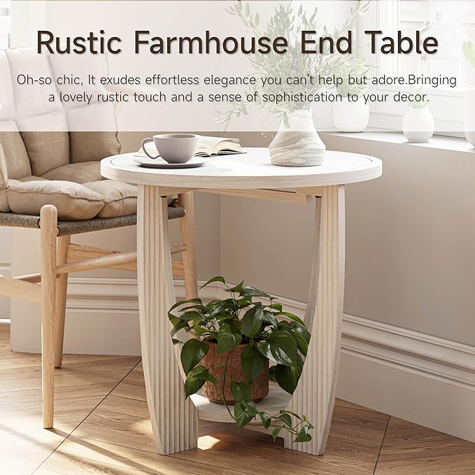 Rustic Farmhouse End Table Set of 2 with Storage Shelf - White Distressed