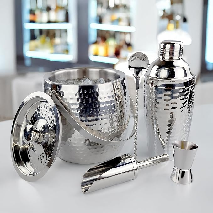 BREKX Insulated Ice Bucket for Cocktail Bar with Drink Shaker 5-Piece Cocktail Set for Parties with Lid and Scoop - Bartender Accessories, Bartending Kit for Home Bar or Gifting