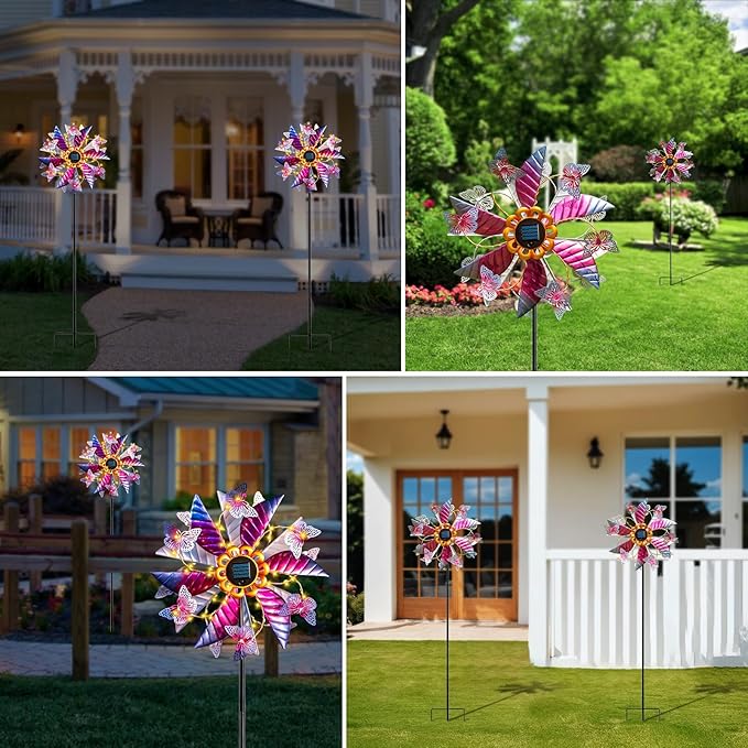 Solar Wind Spinner Outdoor, 360° Metal Large Butterflies Wind Sculpture with Outdoor Kinetic Windmills with Vine String LED Lights for Decor Garden Patio, Lawn & Yard